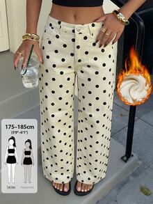 SHEIN Tall Women's Polka Dot Pattern Pocket Wide Leg Loose Casual Denim Jeans - White - View 1