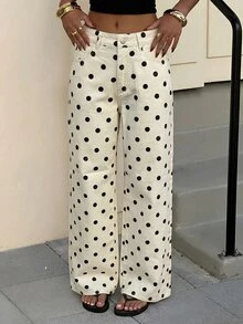 SHEIN Tall Women's Polka Dot Pattern Pocket Wide Leg Loose Casual Denim Jeans - White - View 6