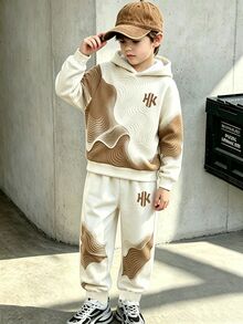 Tween Boys Casual Comfortable Minimalist Personalized Line Color Block Print Pattern Contrast Color Autumn/Winter Hoodie Sweatshirt Set Suitable - Multicolor - View 4