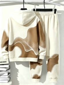 Tween Boys Casual Comfortable Minimalist Personalized Line Color Block Print Pattern Contrast Color Autumn/Winter Hoodie Sweatshirt Set Suitable - Multicolor - View 2