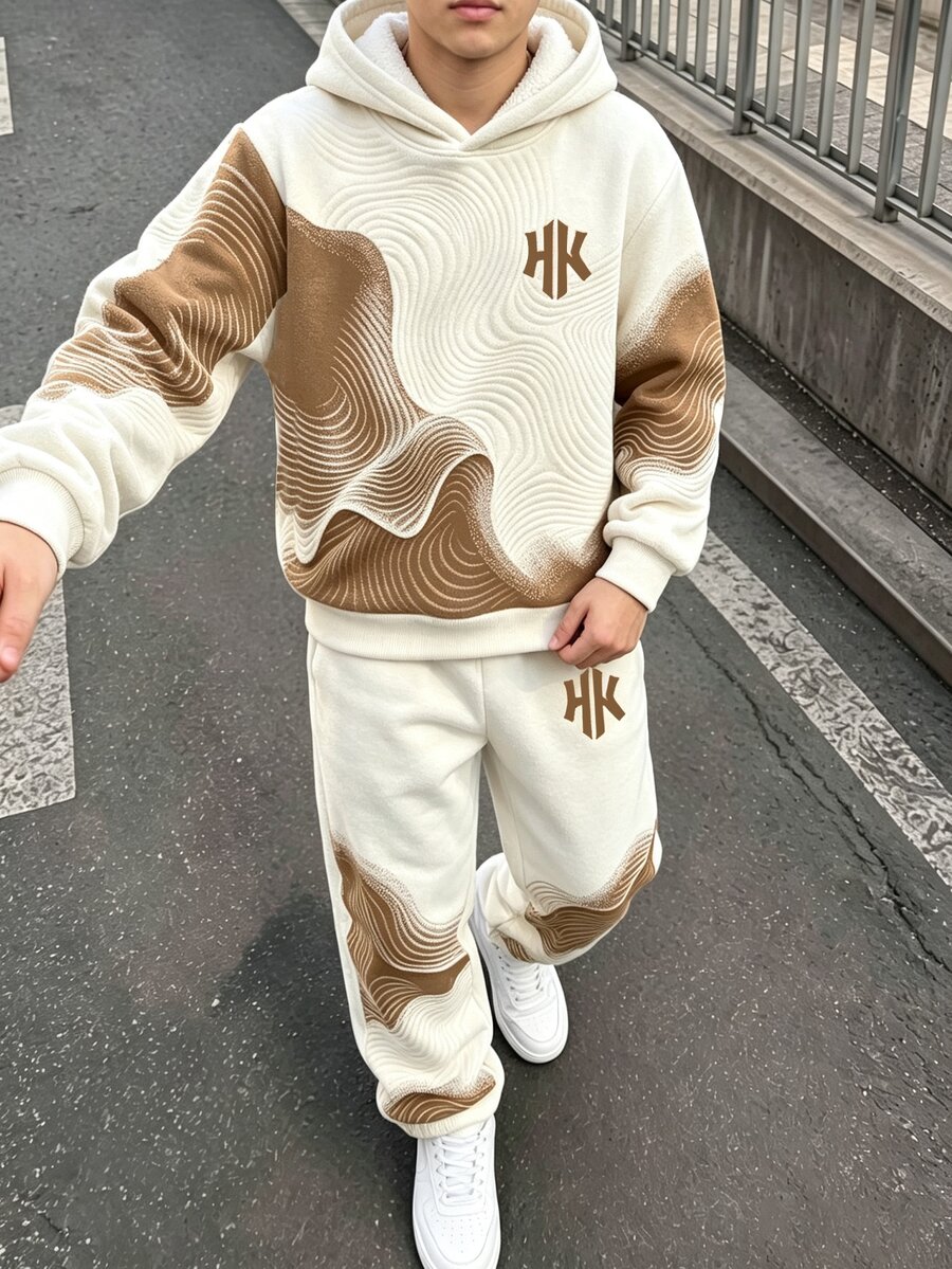 Tween Boys Casual Comfortable Minimalist Personalized Line Color Block Print Pattern Contrast Color Autumn/Winter Hoodie Sweatshirt Set Suitable - Multicolor - View 1
