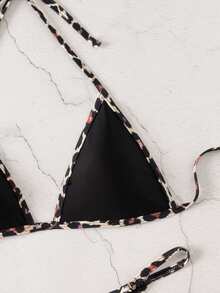 SHEIN Swim Women's Leopard Print Colorblock Sexy Halter Tie Bikini Two-Piece Swimwear Set - Black - View 6