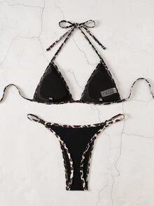 SHEIN Swim Women's Leopard Print Colorblock Sexy Halter Tie Bikini Two-Piece Swimwear Set - Black - View 4