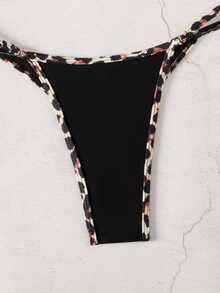 SHEIN Swim Women's Leopard Print Colorblock Sexy Halter Tie Bikini Two-Piece Swimwear Set - Black - View 7