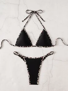 SHEIN Swim Women's Leopard Print Colorblock Sexy Halter Tie Bikini Two-Piece Swimwear Set - Black - View 5