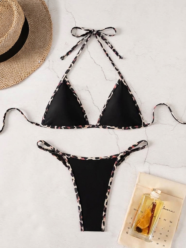 SHEIN Swim Women's Leopard Print Colorblock Sexy Halter Tie Bikini Two-Piece Swimwear Set - Black - View 3