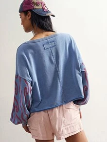Bohemela Tropical Animal Print Drop Shoulder Lantern Sleeve Pullover Sweatshirt - Blue - View 2