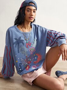 Bohemela Tropical Animal Print Drop Shoulder Lantern Sleeve Pullover Sweatshirt - Blue - View 6