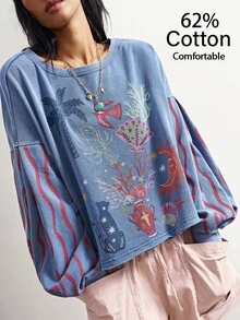 Bohemela Tropical Animal Print Drop Shoulder Lantern Sleeve Pullover Sweatshirt - Blue - View 3