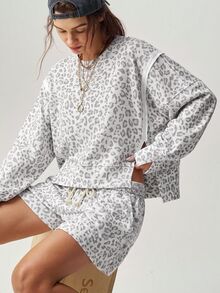 Bohemela Women's Round Neck Long Sleeve Leopard Print Pullover Top And Shorts 2 Pieces Set - Grey - View 2