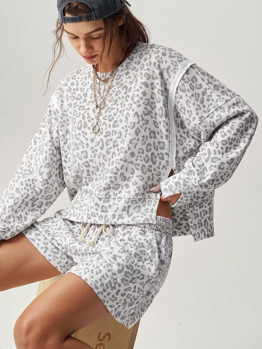Bohemela Women's Round Neck Long Sleeve Leopard Print Pullover Top And Shorts 2 Pieces Set - Grey - View 1