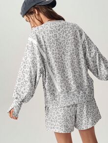 Bohemela Women's Round Neck Long Sleeve Leopard Print Pullover Top And Shorts 2 Pieces Set - Grey - View 6