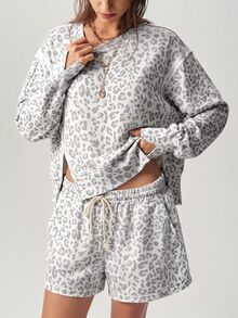 Bohemela Women's Round Neck Long Sleeve Leopard Print Pullover Top And Shorts 2 Pieces Set - Grey - View 4