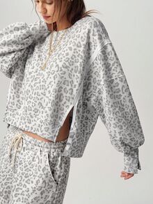 Bohemela Women's Round Neck Long Sleeve Leopard Print Pullover Top And Shorts 2 Pieces Set - Grey - View 1