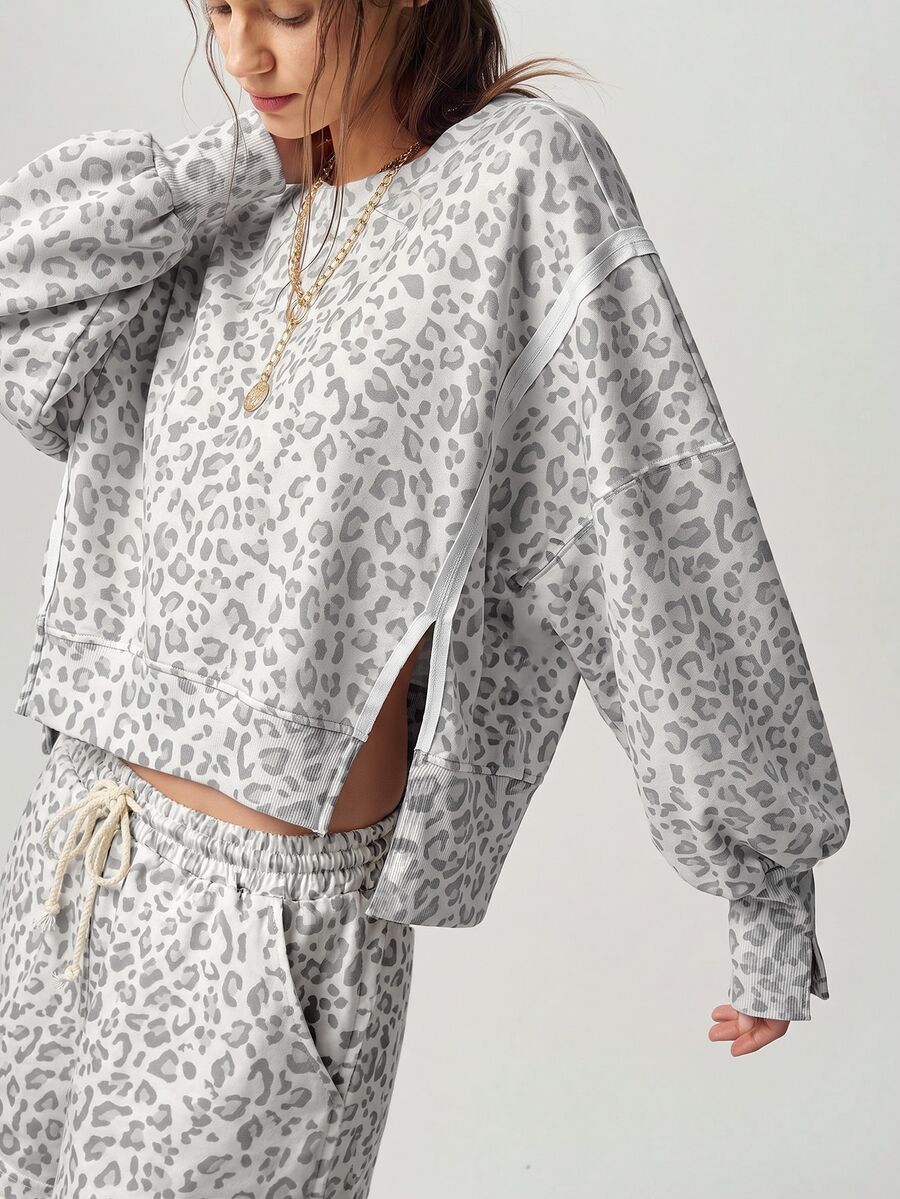 Bohemela Women's Round Neck Long Sleeve Leopard Print Pullover Top And Shorts 2 Pieces Set - Grey - View 1