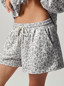 Bohemela Women's Round Neck Long Sleeve Leopard Print Pullover Top And Shorts 2 Pieces Set - Grey - View 7