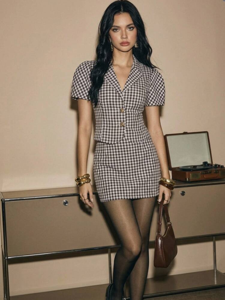 Poéselle Women's Metal Flower Button Short Sleeve Shirt And Plaid Skort Two Pieces Set Office Brown Gingham Summer 70s Retro Retro 70s Elegant - Coffee Brown - View 5