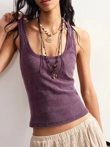 Bohemela Casual Solid Color Knit Halter Neck Fitted Washed Tank Top For Women,Summer Top - Purple - View 5