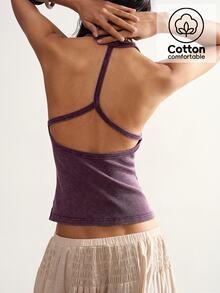 Bohemela Casual Solid Color Knit Halter Neck Fitted Washed Tank Top For Women,Summer Top - Purple - View 1