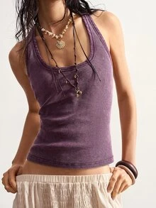 Bohemela Casual Solid Color Knit Halter Neck Fitted Washed Tank Top For Women,Summer Top - Purple - View 3