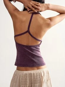 Bohemela Casual Solid Color Knit Halter Neck Fitted Washed Tank Top For Women,Summer Top - Purple - View 7