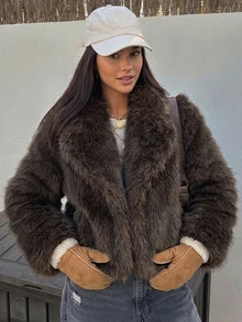 SHEIN Teen Girl Solid Color Long Sleeve Autumn/Winter Warm Fuzzy Jacket Work Brown Streetwear Baggy - Brown - View 1