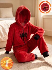 1 Set Boys' Red Plush Hooded Front Zipper Spider Embroidery Flannel Fabric Jumpsuit, Soft Fleece Fabric Comfortable Fit For Autumn/Winter Home Wear (1 Set Sold Separately) - Red - View 7