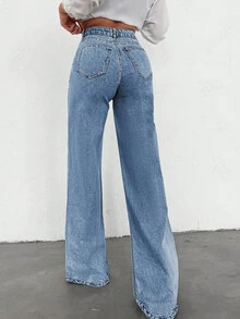 SHEIN Tall Women's Casual Daily Travel Denim Jeans With Pockets And Buttons - Blue - View 2