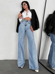 SHEIN Tall Women's Casual Daily Travel Denim Jeans With Pockets And Buttons - Blue - View 4