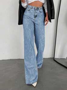 SHEIN Tall Women's Casual Daily Travel Denim Jeans With Pockets And Buttons - Blue - View 3