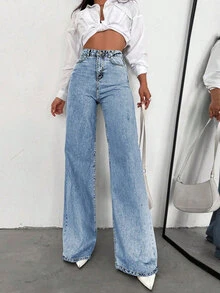 SHEIN Tall Women's Casual Daily Travel Denim Jeans With Pockets And Buttons - Blue - View 6