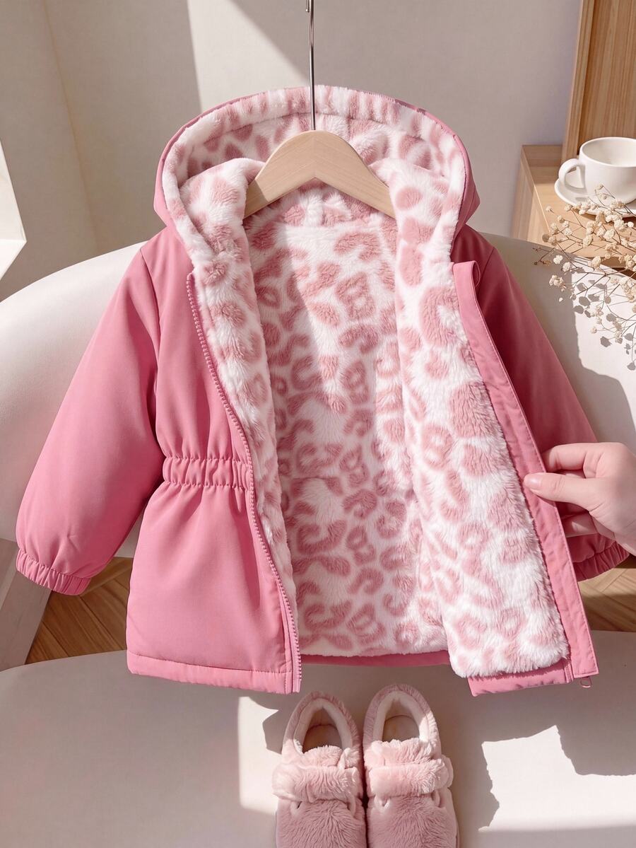 SHEIN Baby Girl Cute Autumn/Winter Versatile Thermal-Lined Leopard Print Hooded Jacket - Red - View 1