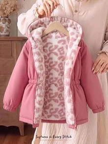 SHEIN Jaket Bayi Perempuan Lucu Serbaguna Motif Leopard dengan Lapisan Termal untuk Musim Gugur/Dingin - Merah - View 1