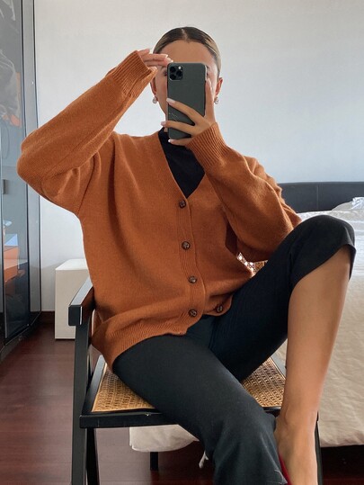 DAZY Women's Solid Color Loose Long Sleeve V-Neck Casual Vacation Korean Style Daily Streetwear Autumn/Winter Thick Knit Cardigan