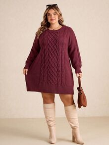 SHEIN CURVE+ Plus Size Women's Long Sleeve Cable Knit Sweater Dress, Party - Burgundy - View 3