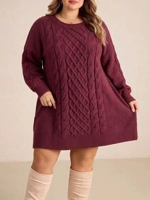 SHEIN CURVE+ Plus Size Women's Long Sleeve Cable Knit Sweater Dress, Party - Burgundy - View 5