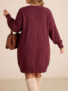 SHEIN CURVE+ Plus Size Women's Long Sleeve Cable Knit Sweater Dress, Party - Burgundy - View 2