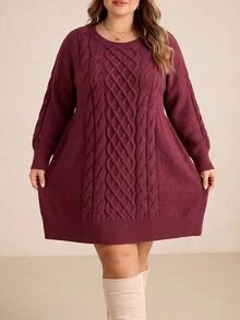 SHEIN CURVE+ Plus Size Women's Long Sleeve Cable Knit Sweater Dress, Party - Burgundy - View 4