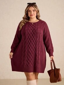 SHEIN CURVE+ Plus Size Women's Long Sleeve Cable Knit Sweater Dress, Party - Burgundy - View 6