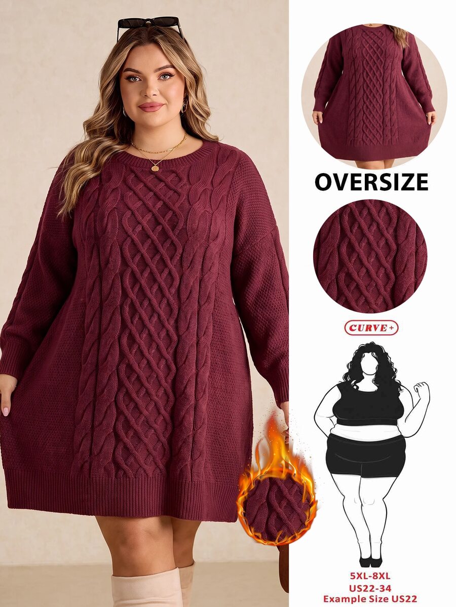 SHEIN CURVE+ Plus Size Women's Long Sleeve Cable Knit Sweater Dress, Party - Burgundy - View 1