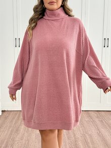 SHEIN CURVE+ Plus Size Women's Solid Color Casual Daily Knit Dress - Dusty Pink - View 4