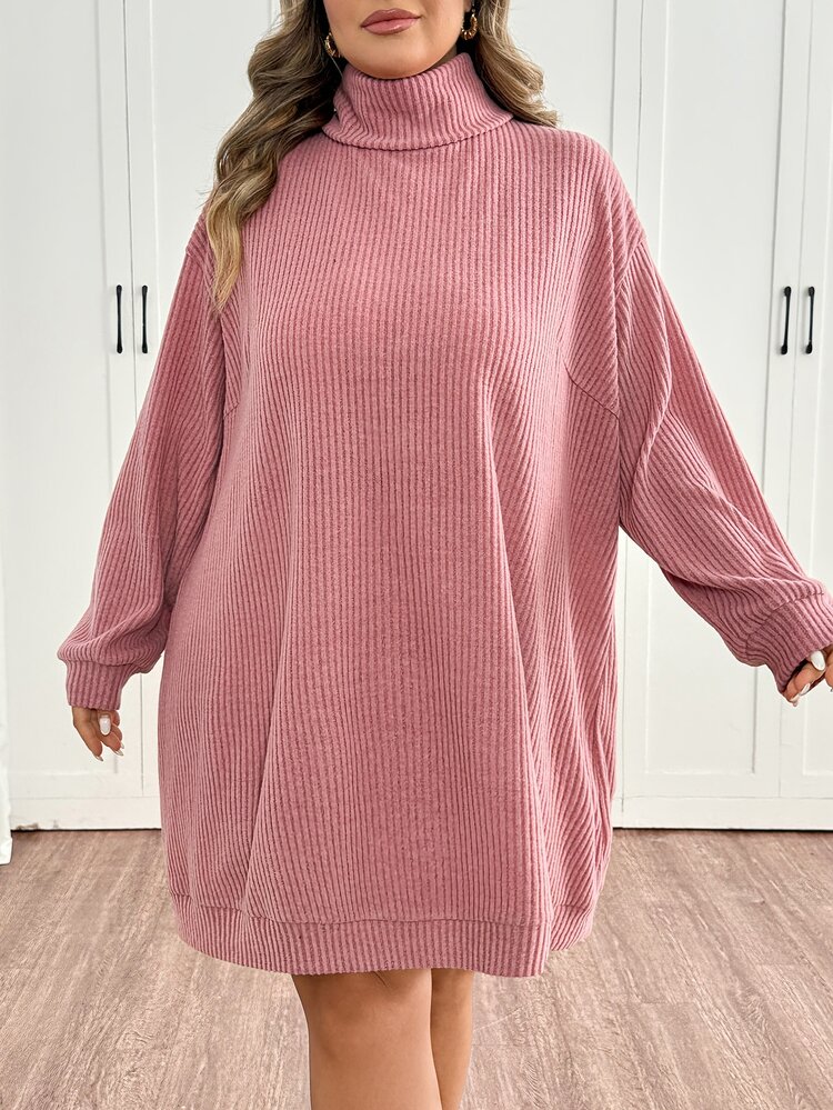 SHEIN CURVE+ 大尺碼女款純色休閒日常針織洋裝 - 藕粉色 - 查看 4