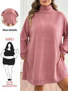 SHEIN CURVE+ Plus Size Women's Solid Color Casual Daily Knit Dress - Dusty Pink - View 9