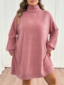 SHEIN CURVE+ Plus Size Women's Solid Color Casual Daily Knit Dress - Dusty Pink - View 6