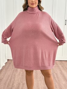 SHEIN CURVE+ Plus Size Women's Solid Color Casual Daily Knit Dress - Dusty Pink - View 5