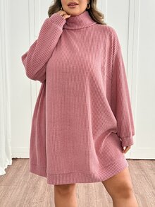 SHEIN CURVE+ Plus Size Women's Solid Color Casual Daily Knit Dress - Dusty Pink - View 10