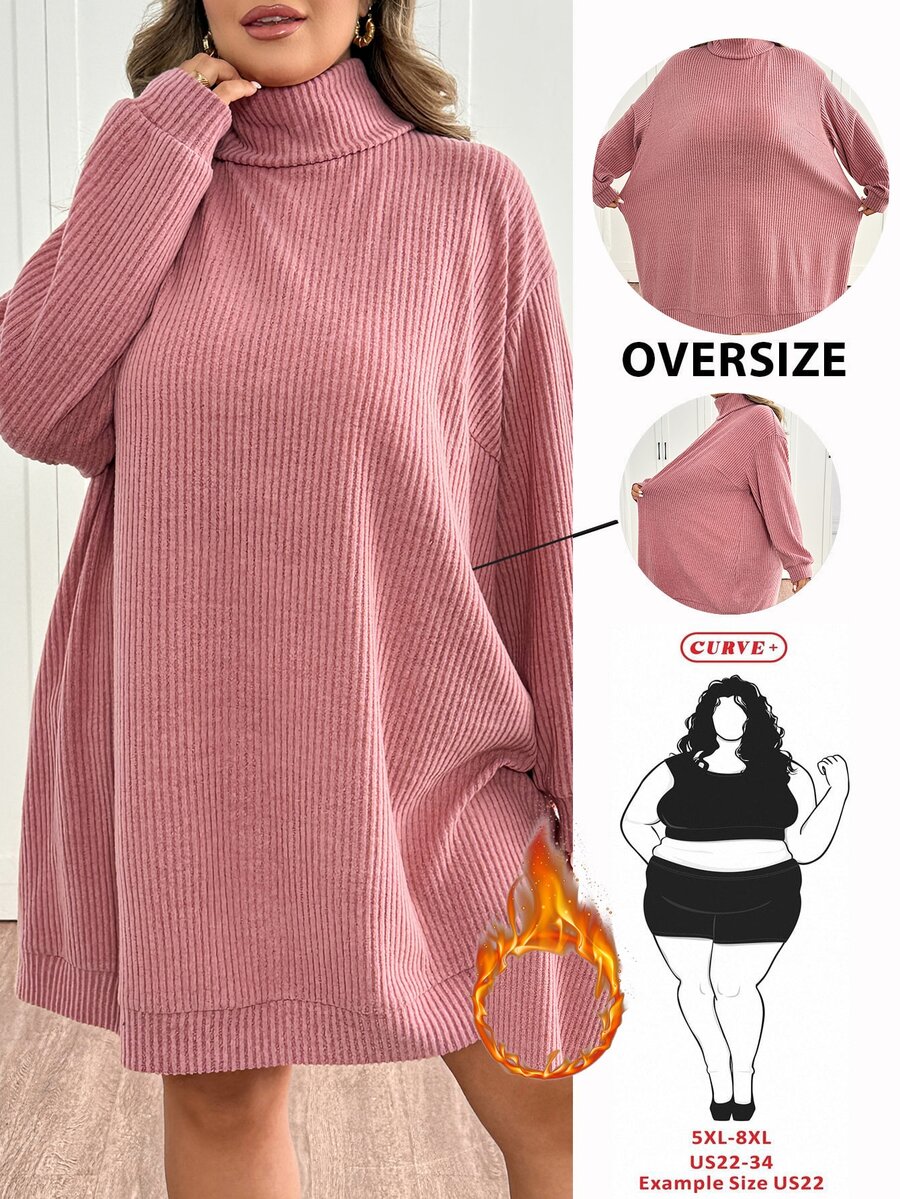 SHEIN CURVE+ Plus Size Women's Solid Color Casual Daily Knit Dress - Dusty Pink - View 1