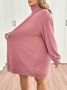 SHEIN CURVE+ Plus Size Women's Solid Color Casual Daily Knit Dress - Dusty Pink - View 7