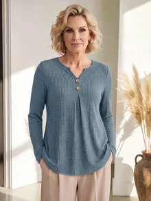 Miaspire Casual Elegant Chic, Ribbed Button Up, Henley Tops Blouses, Soft Knitwear Blue, Long Sleeve Curved Hem, Going Out Work, Fall Autumn Winter Clothes - Dusty Blue - View 3