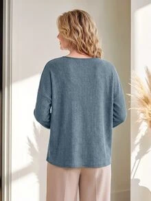 Miaspire Casual Elegant Chic, Ribbed Button Up, Henley Tops Blouses, Soft Knitwear Blue, Long Sleeve Curved Hem, Going Out Work, Fall Autumn Winter Clothes - Dusty Blue - View 2
